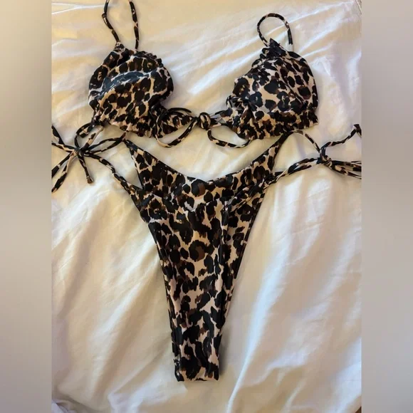 Leopard print Miami Boutique high cut leg Bold Brown and Black padded Bikini set - Picture 6 of 8